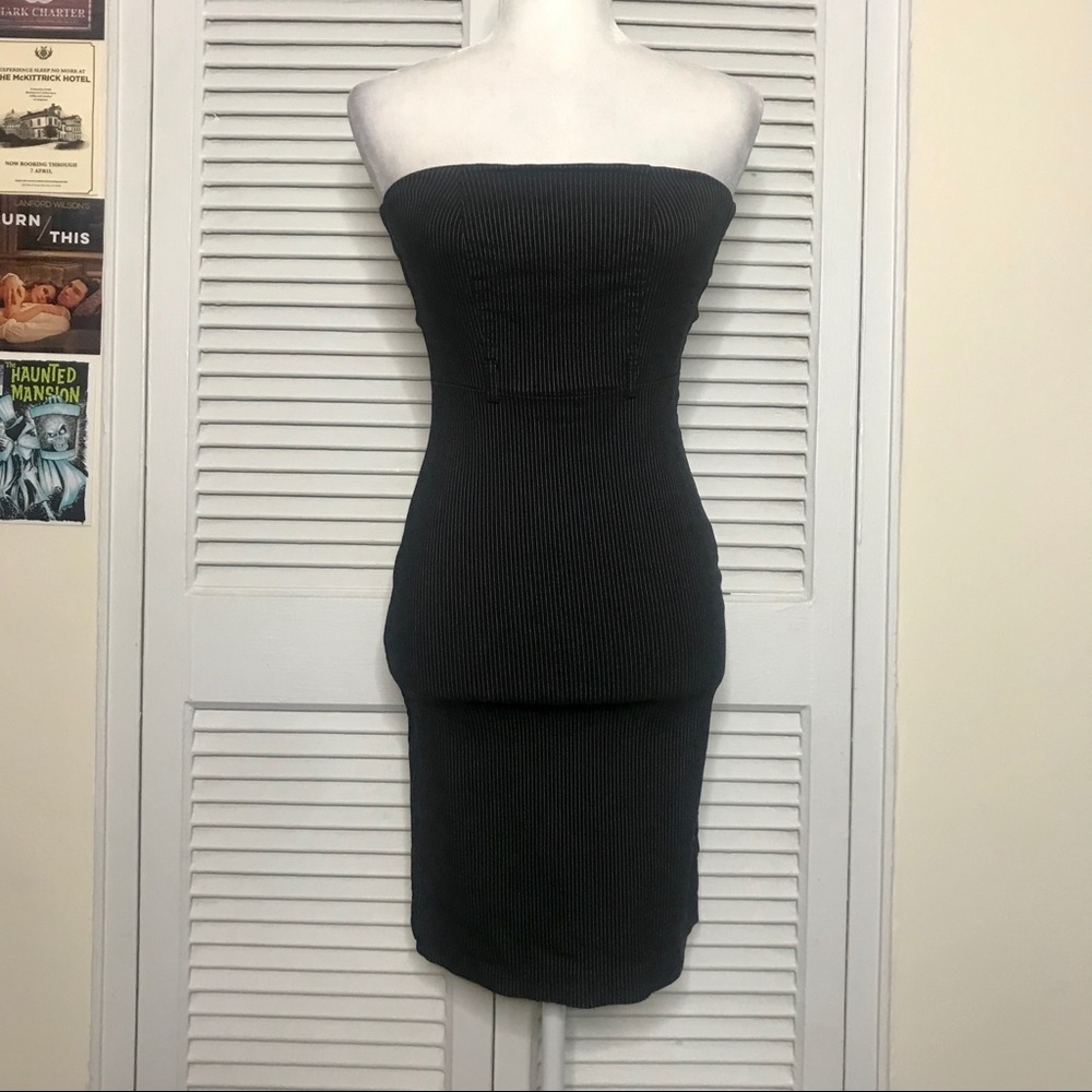 Strapless Pinstripe Knee Length Pencil Dress